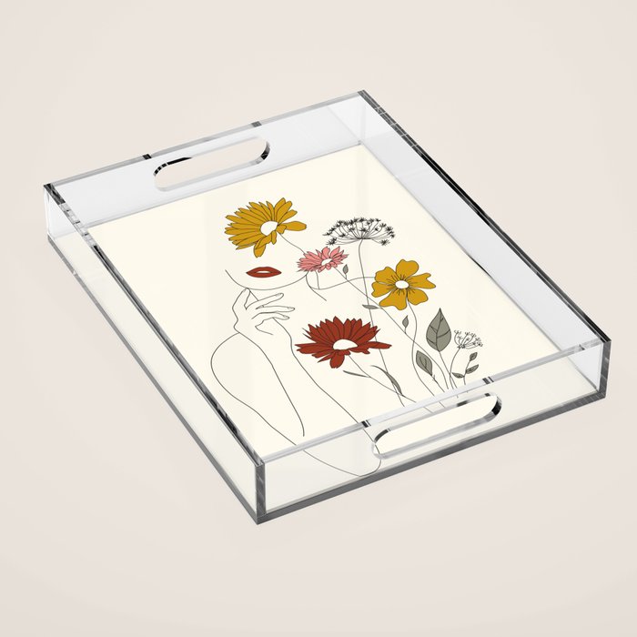 Colorful Thoughts Minimal Line Art Woman with Flowers III Acrylic Tray Gallery Image 1
