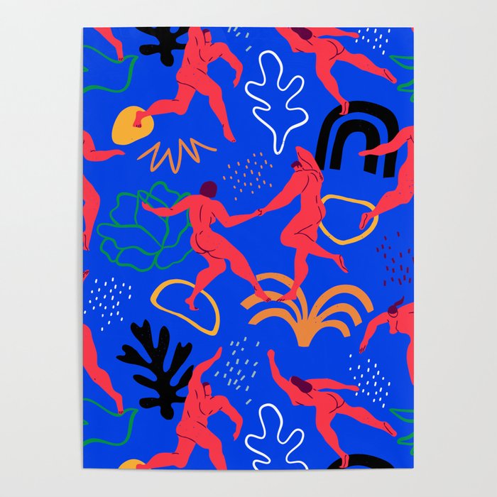 Colorful Red People Dancing With Tropical Nature Decoration Poster