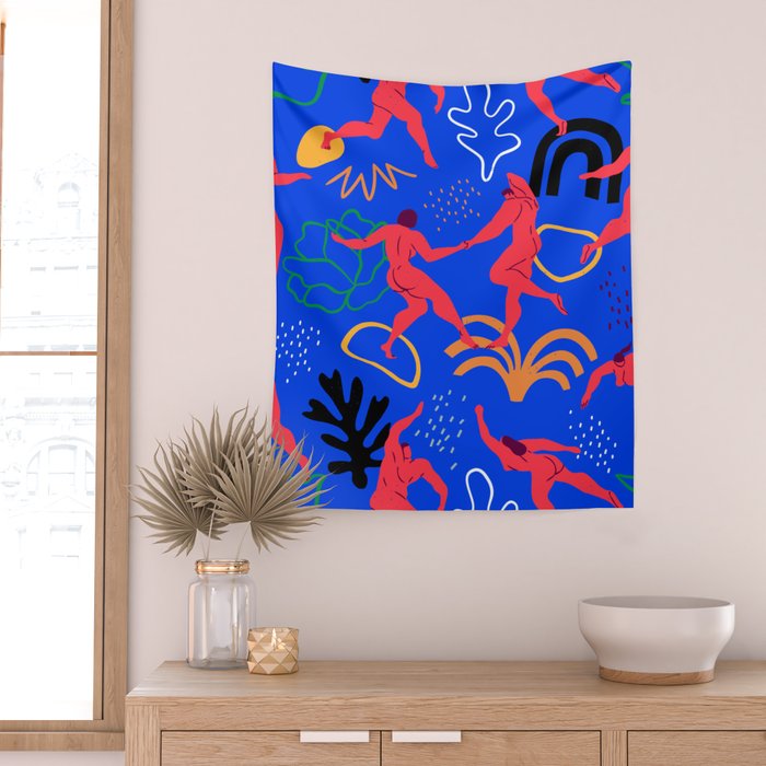 Colorful red people dancing with tropical nature decoration Wall Tapestry Gallery Image 2