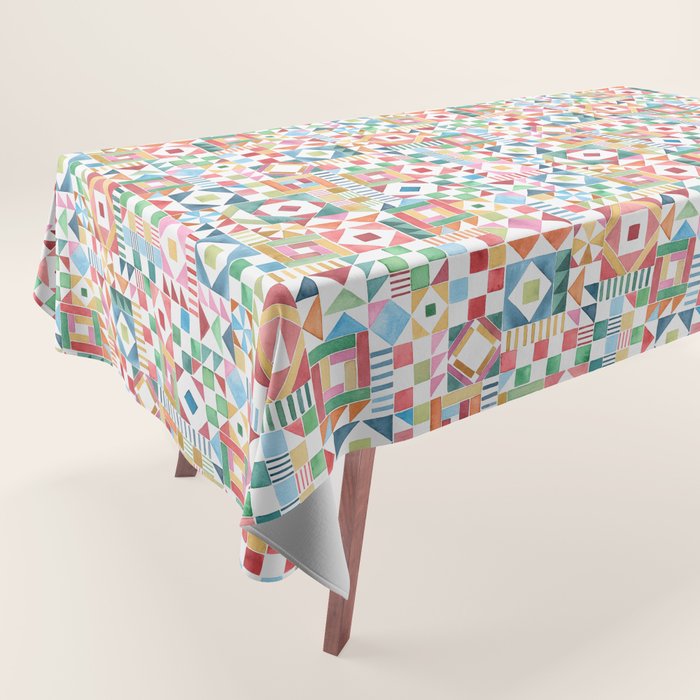 Christmas Geometric Patchwork Joy Watercolor Holiday Quilt Pattern Tablecloth Gallery Image 1