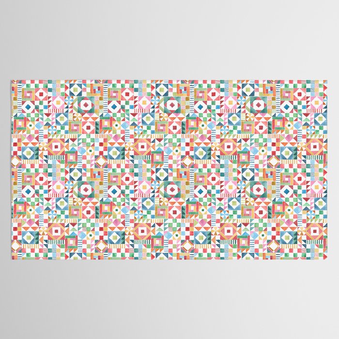 Christmas Geometric Patchwork Joy Watercolor Holiday Quilt Pattern Tablecloth Gallery Image 2