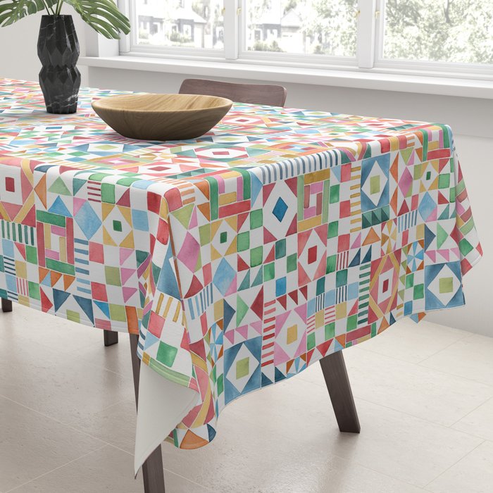 Christmas Geometric Patchwork Joy Watercolor Holiday Quilt Pattern Tablecloth Gallery Image 3