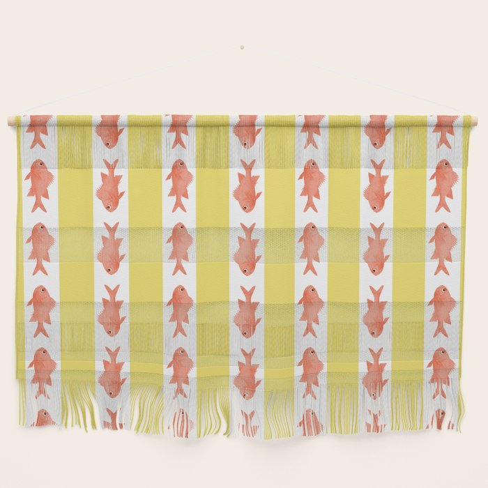 Coastal Fish Stripes Nostalgic Cottage Pattern in Yellow Orange White Wall Hanging Gallery Image 1