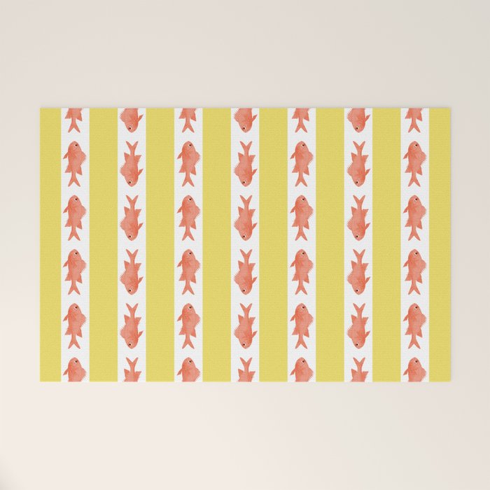 Coastal Fish Stripes Nostalgic Cottage Pattern in Yellow Orange White Welcome Mat Gallery Image 1
