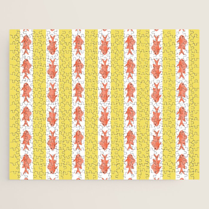 Coastal Fish Stripes Nostalgic Cottage Pattern in Yellow Orange White Jigsaw Puzzle Gallery Image 1