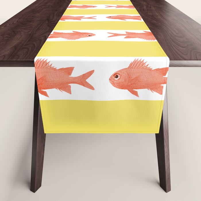 Coastal Fish Stripes Nostalgic Cottage Pattern in Yellow Orange White Table Runner Gallery Image 1