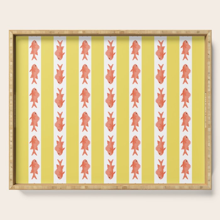 Coastal Fish Stripes Nostalgic Cottage Pattern in Yellow Orange White Serving Tray Gallery Image 1