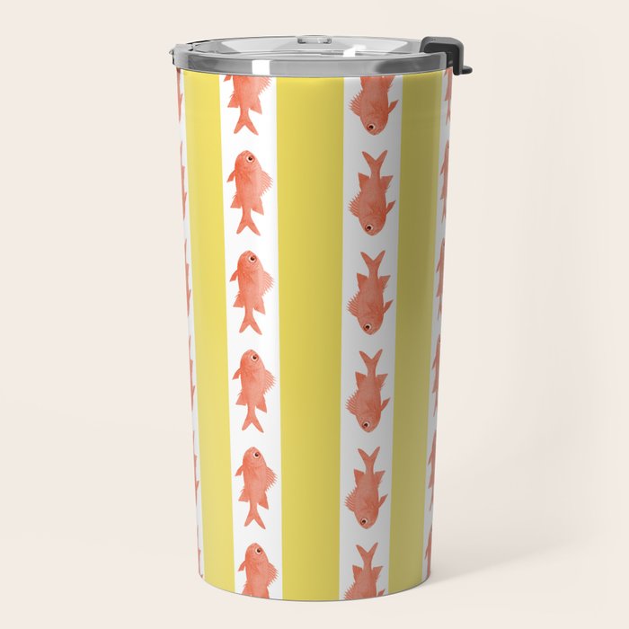 Coastal Fish Stripes Nostalgic Cottage Pattern in Yellow Orange White Travel Mug Gallery Image 2