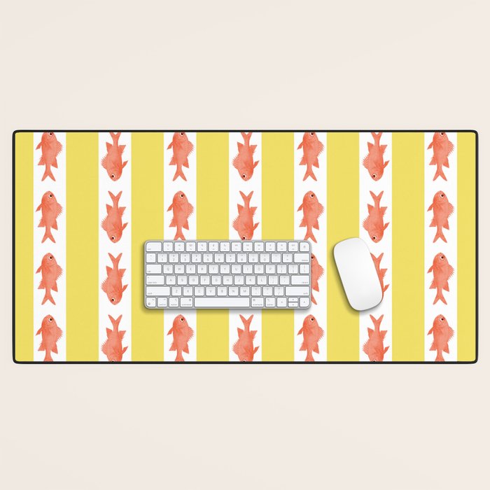 Coastal Fish Stripes Nostalgic Cottage Pattern in Yellow Orange White Desk Mat Gallery Image 1