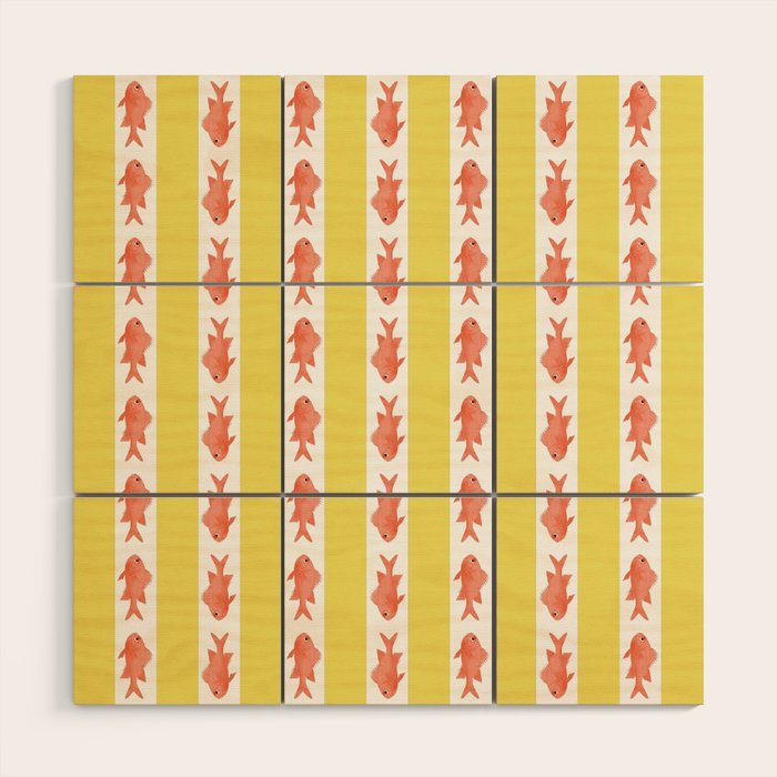 Coastal Fish Stripes Nostalgic Cottage Pattern in Yellow Orange White Wood Wall Art Gallery Image 1