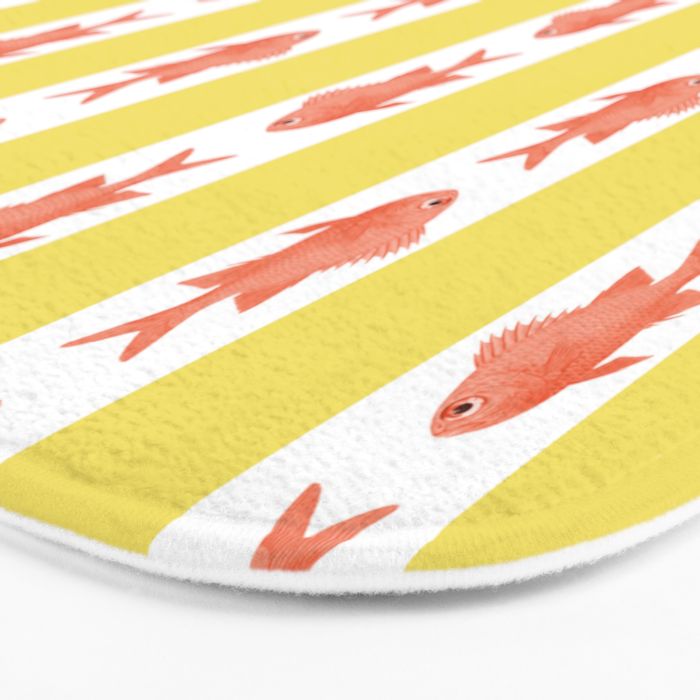 Coastal Fish Stripes Nostalgic Cottage Pattern in Yellow Orange White Bath Mat Gallery Image 3