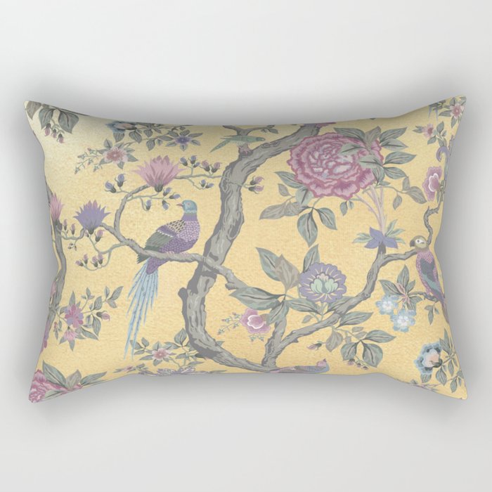 Chinoiserie Golden Gilt Peacock Peony Garden Rectangular Pillow Gallery Image 2