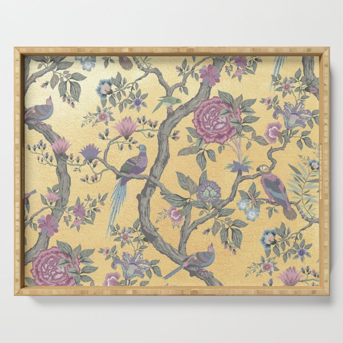 Chinoiserie Golden Gilt Peacock Peony Garden Serving Tray Gallery Image 1