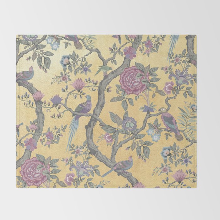 Chinoiserie Golden Gilt Peacock Peony Garden Throw Blanket Gallery Image 2