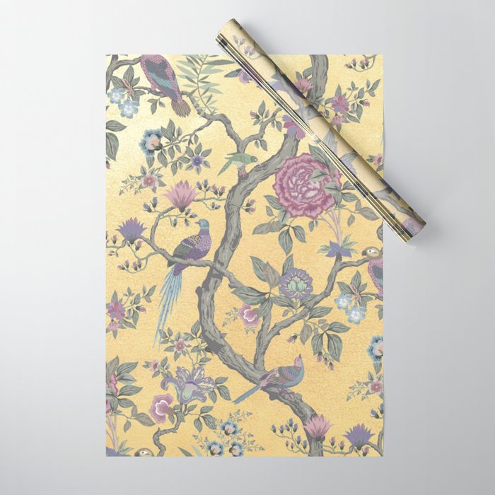 Chinoiserie Golden Gilt Peacock Peony Garden Wrapping Paper Gallery Image 1