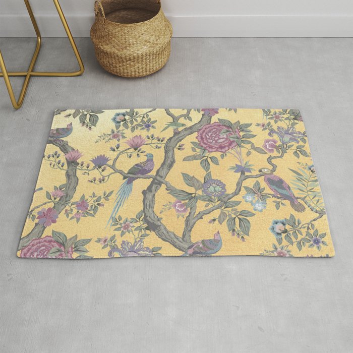 Chinoiserie Golden Gilt Peacock Peony Garden Rug Gallery Image 1