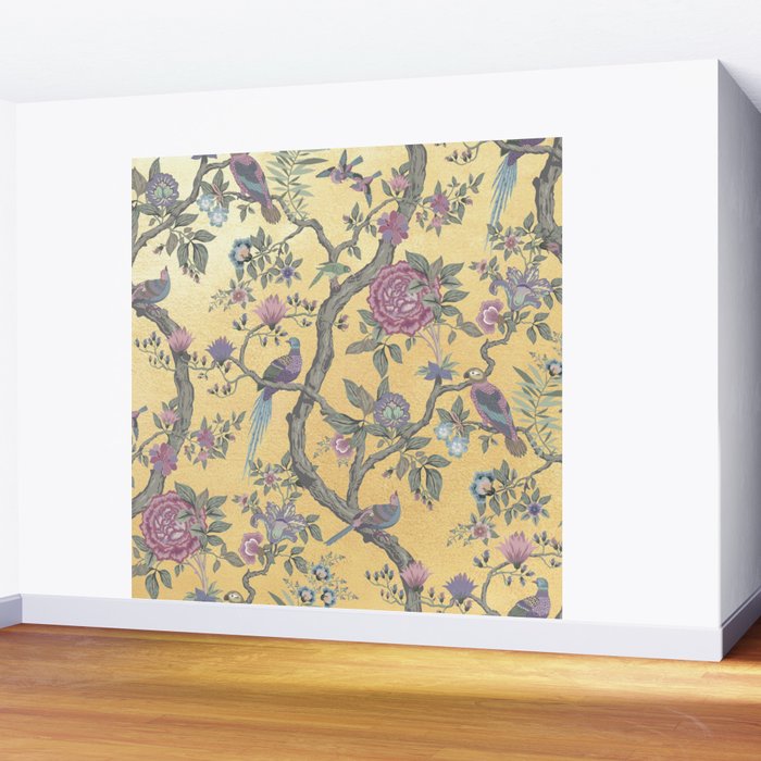 Chinoiserie Golden Gilt Peacock Peony Garden Wall Mural Gallery Image 2