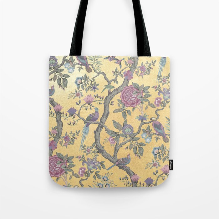 Chinoiserie Golden Gilt Peacock Peony Garden Tote Bag Gallery Image 1