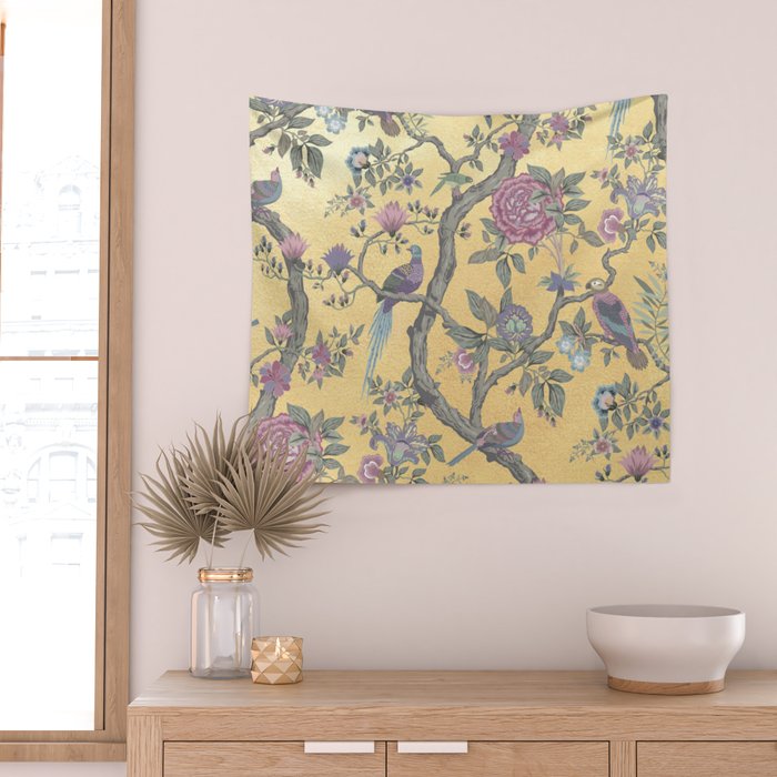 Chinoiserie Golden Gilt Peacock Peony Garden Wall Tapestry Gallery Image 2