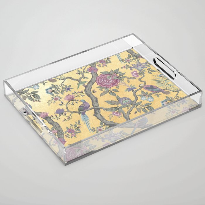 Chinoiserie Golden Gilt Peacock Peony Garden Acrylic Tray Gallery Image 1