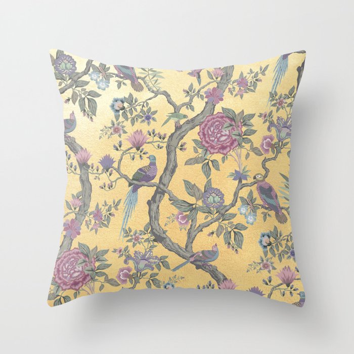 Chinoiserie Golden Gilt Peacock Peony Garden Throw Pillow Gallery Image 1