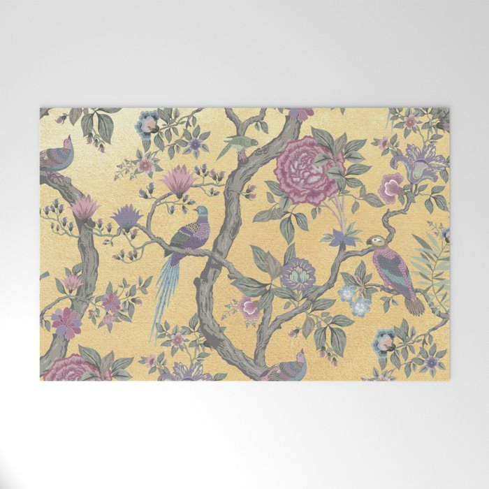 Chinoiserie Golden Gilt Peacock Peony Garden Welcome Mat Gallery Image 1