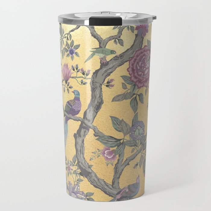 Chinoiserie Golden Gilt Peacock Peony Garden Travel Mug Gallery Image 1