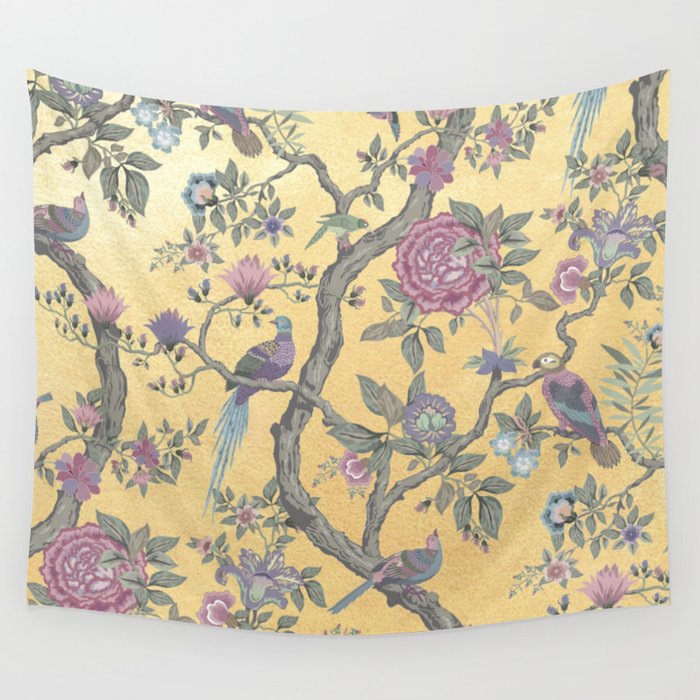 Chinoiserie Golden Gilt Peacock Peony Garden Wall Tapestry Gallery Image 1