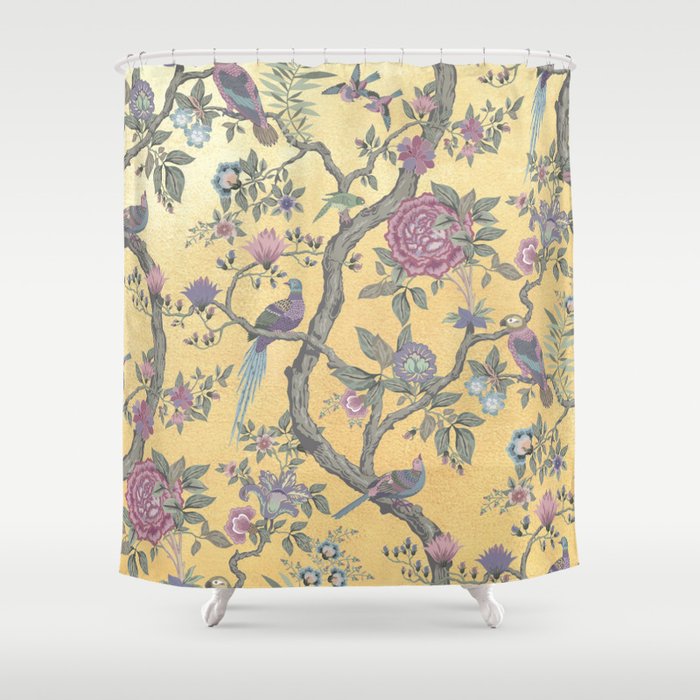 Chinoiserie Golden Gilt Peacock Peony Garden Shower Curtain Gallery Image 1