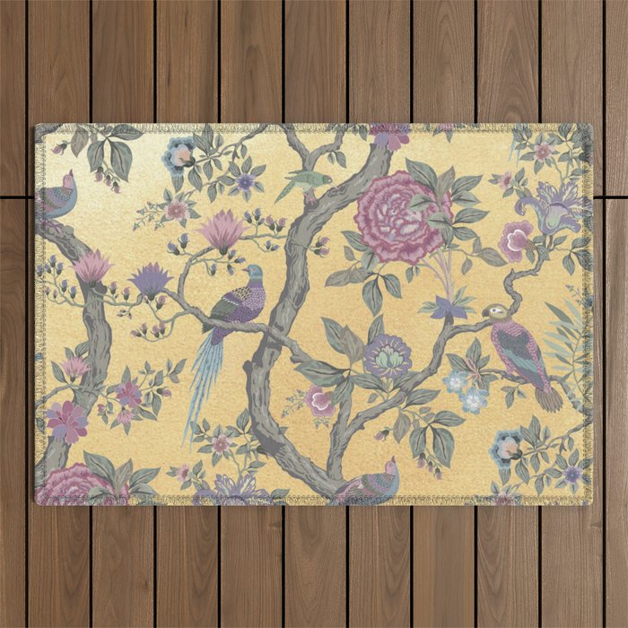 Chinoiserie Golden Gilt Peacock Peony Garden Outdoor Rug Gallery Image 1