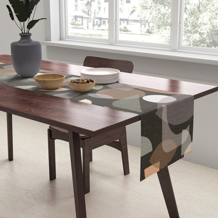 Modern Abstract Geometric Neutral Dark Earthy Tones with Natural Fabric Texture Table Runner Gallery Image 2