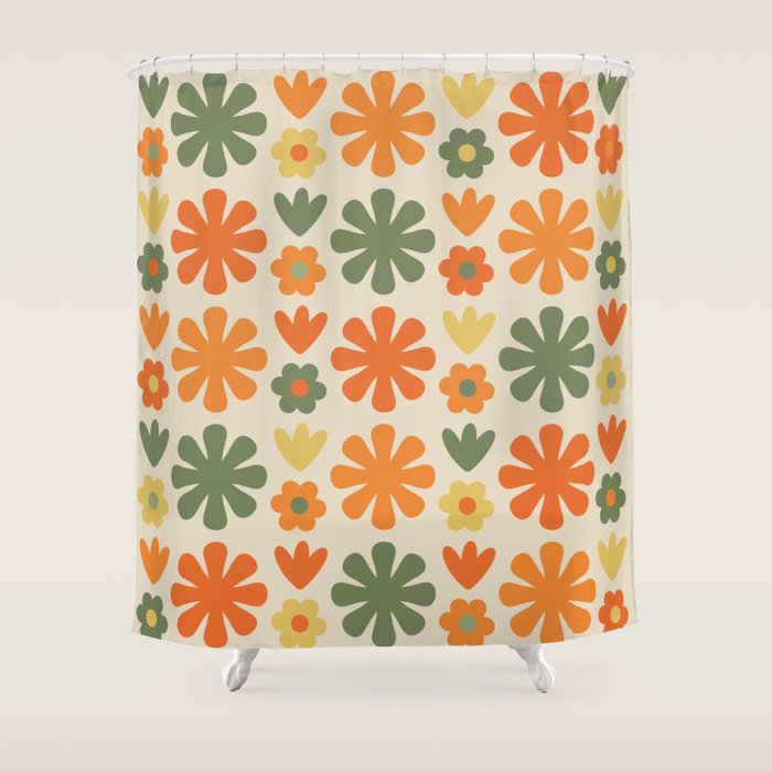 Retro Flowers Scandi Floral Grid Pattern in Mossy Olive Green Orange Mustard Shower Curtain Gallery Image 1