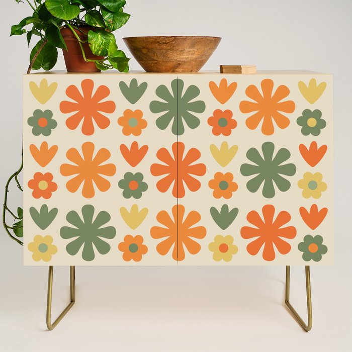 Retro Flowers Scandi Floral Grid Pattern in Mossy Olive Green Orange Mustard Credenza Gallery Image 1