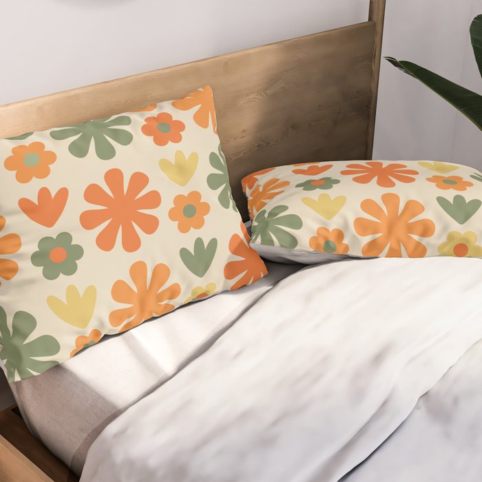 Retro Flowers Scandi Floral Grid Pattern in Mossy Olive Green Orange Mustard Pillow Sham Gallery Image 2