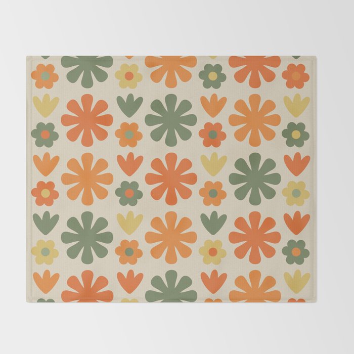 Retro Flowers Scandi Floral Grid Pattern in Mossy Olive Green Orange Mustard Throw Blanket Gallery Image 2
