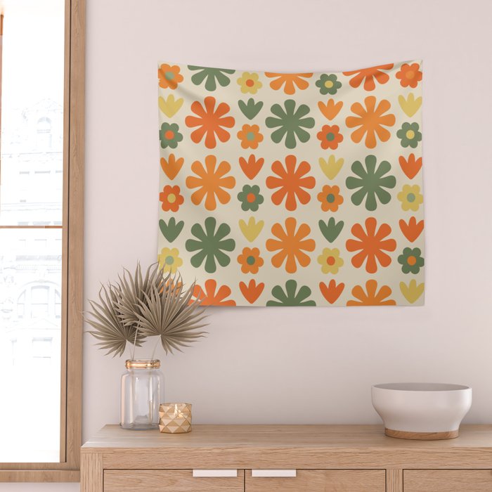 Retro Flowers Scandi Floral Grid Pattern in Mossy Olive Green Orange Mustard Wall Tapestry Gallery Image 2