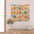 Retro Flowers Scandi Floral Grid Pattern in Mossy Olive Green Orange Mustard Wall Tapestry Gallery Image 2