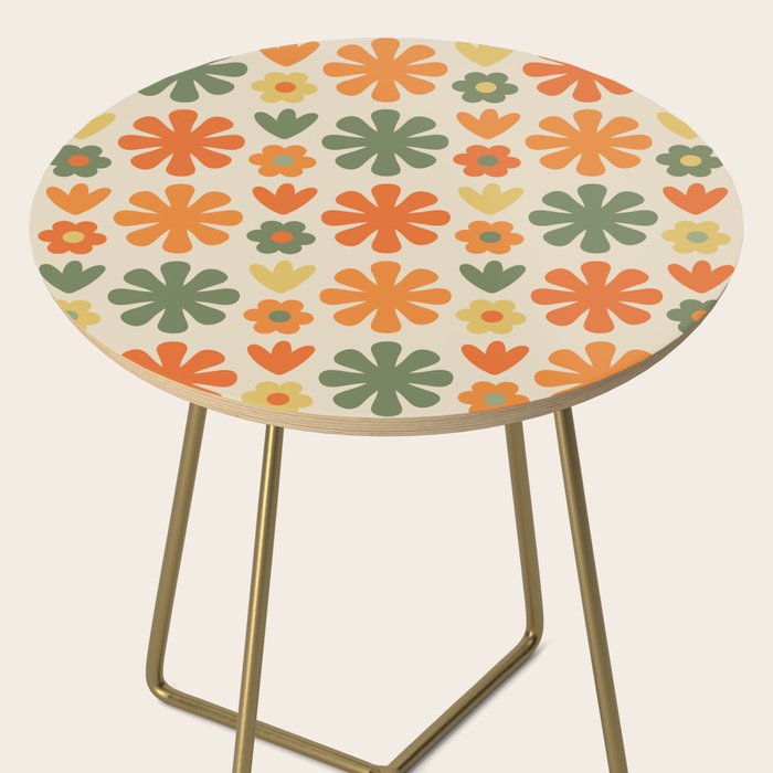 Retro Flowers Scandi Floral Grid Pattern in Mossy Olive Green Orange Mustard Side Table Gallery Image 2