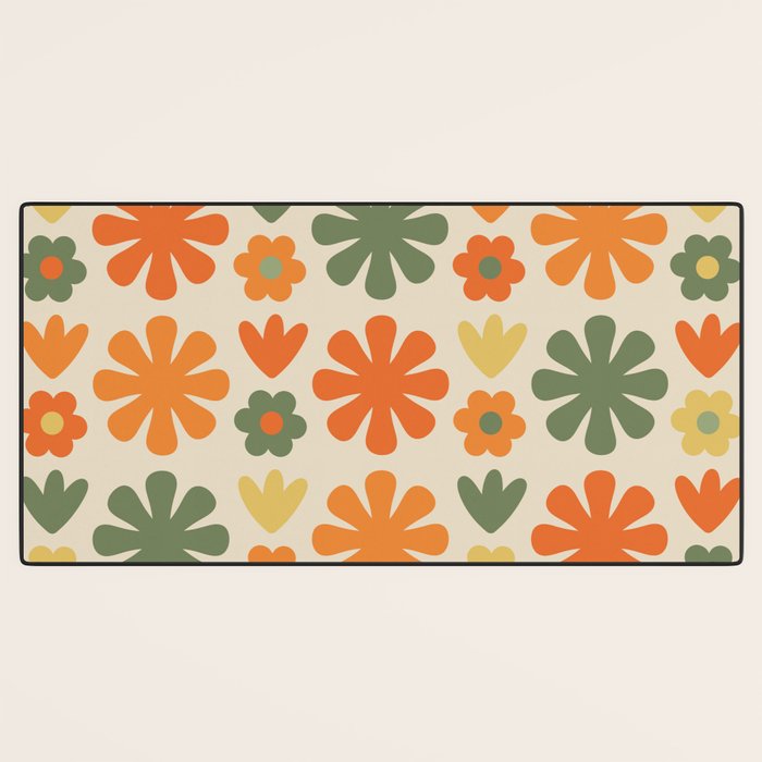 Retro Flowers Scandi Floral Grid Pattern in Mossy Olive Green Orange Mustard Desk Mat Gallery Image 3