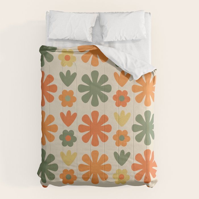 Retro Flowers Scandi Floral Grid Pattern in Mossy Olive Green Orange Mustard Comforter Gallery Image 6