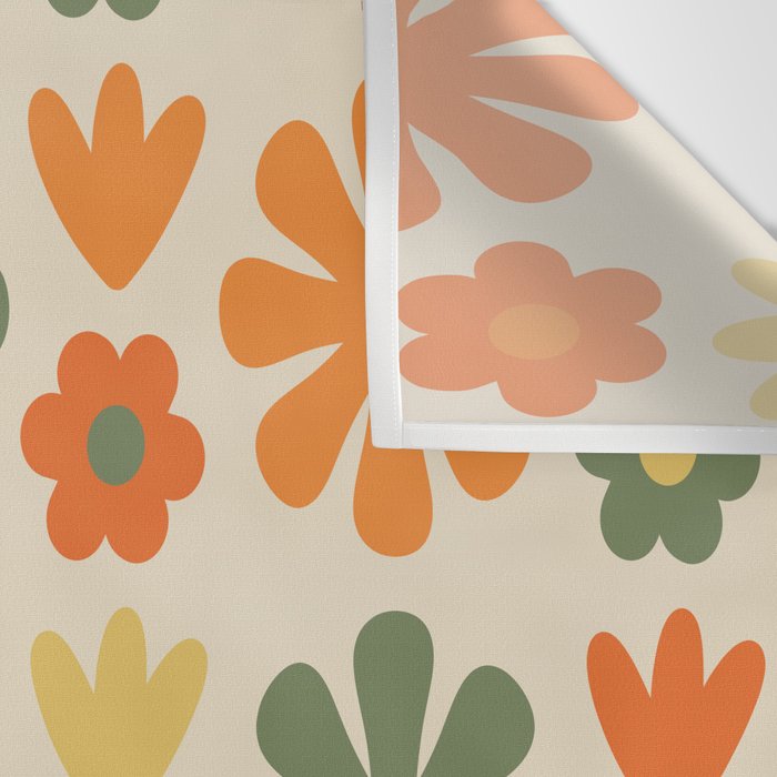 Retro Flowers Scandi Floral Grid Pattern in Mossy Olive Green Orange Mustard Wall Tapestry Gallery Image 3