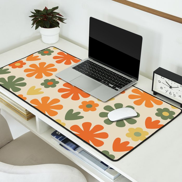 Retro Flowers Scandi Floral Grid Pattern in Mossy Olive Green Orange Mustard Desk Mat Gallery Image 2