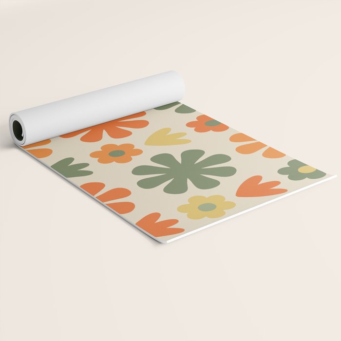 Retro Flowers Scandi Floral Grid Pattern in Mossy Olive Green Orange Mustard Yoga Mat Gallery Image 2
