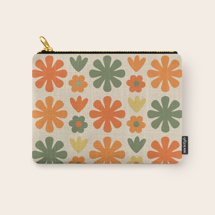 Retro Flowers Scandi Floral Grid Pattern in Mossy Olive Green Orange Mustard Carry All Pouch Gallery Image 1