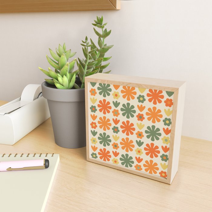 Retro Flowers Scandi Floral Grid Pattern in Mossy Olive Green Orange Mustard Mini Art Print Gallery Image 2