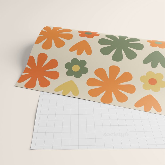 Retro Flowers Scandi Floral Grid Pattern in Mossy Olive Green Orange Mustard Wrapping Paper Gallery Image 2