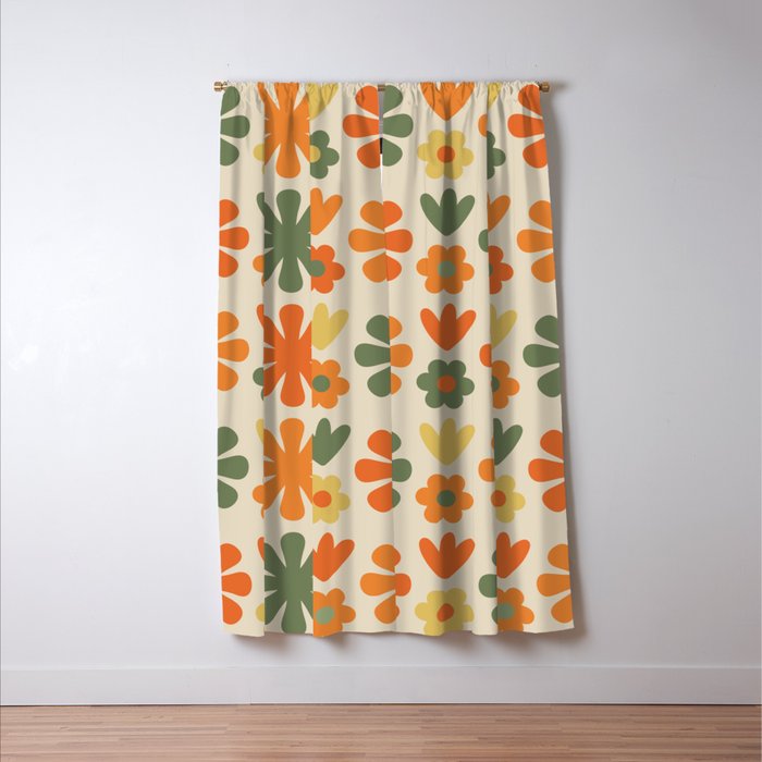 Retro Flowers Scandi Floral Grid Pattern in Mossy Olive Green Orange Mustard Window Curtain Gallery Image 3