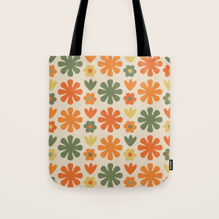 Retro Flowers Scandi Floral Grid Pattern in Mossy Olive Green Orange Mustard Tote Bag Gallery Image 1