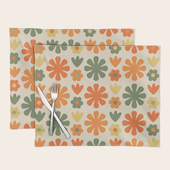 Retro Flowers Scandi Floral Grid Pattern in Mossy Olive Green Orange Mustard Placemat Gallery Image 1