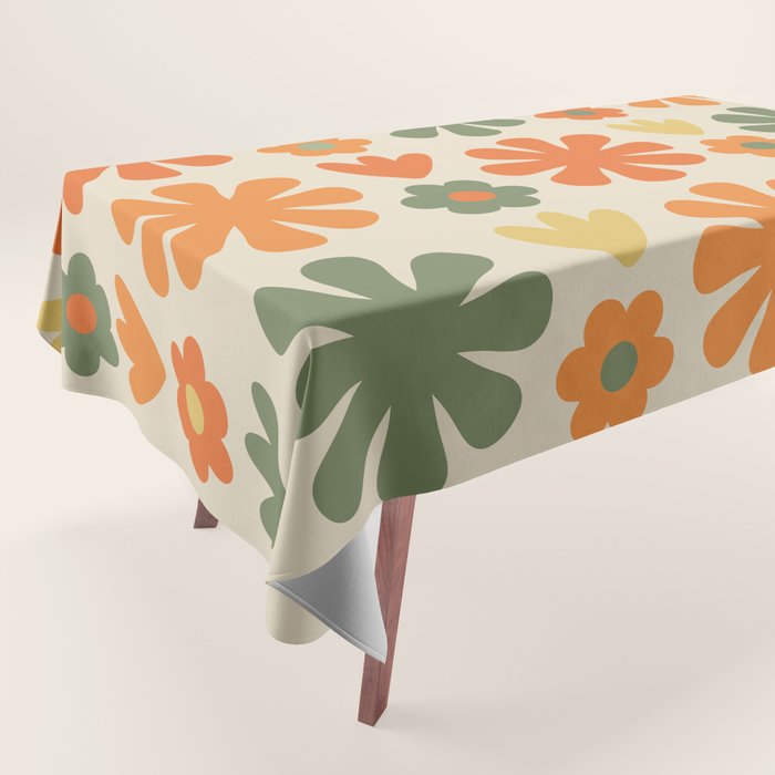 Retro Flowers Scandi Floral Grid Pattern in Mossy Olive Green Orange Mustard Tablecloth Gallery Image 1